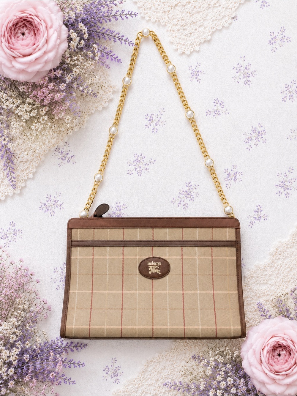 Vintage 1990s Burberrys Nova Check Clutch Bag w/ Pearl Chain